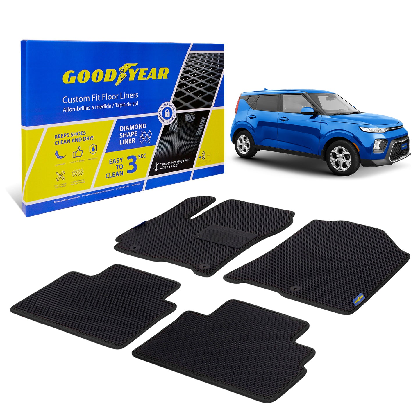 Goodyear Custom Fit Car Floor Liners For Kia Soul 2020-2022 Black/Black 4 Pc. Set All-Weather Diamond Shape Liner Traps Dirt Liquid Rain And Dust Precision Interior Coverage - GY004997