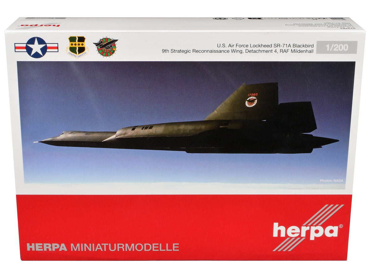 Lockheed SR-71A Blackbird Stealth Aircraft "9th Strategic Reconnaissance Wing Detachment 4 RAF Mildenhall" United States Air Force 1/200 Diecast Model Airplane by Herpa free shipping USA