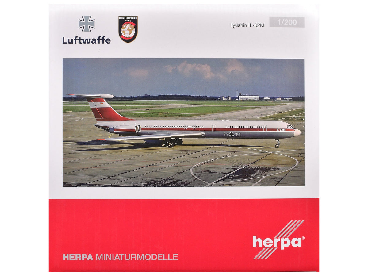 Ilyushin IL-62M Commercial Aircraft "German Luftwaffe" (11+22) White with Red Stripes 1/200 Diecast Model Airplane by Herpa free shipping USA