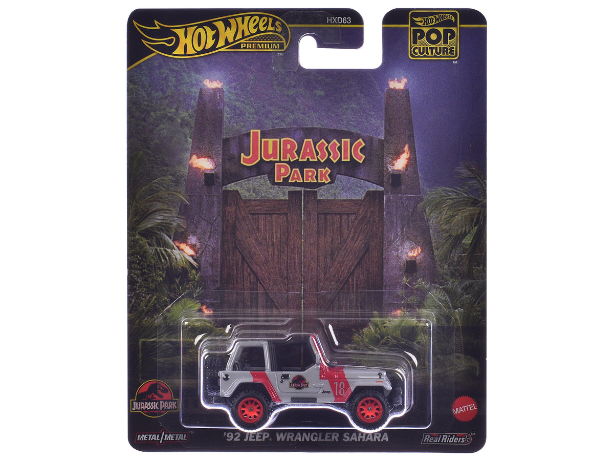 1992 Jeep Wrangler Sahara Gray with Red Stripes "Jurassic Park" (1993) Movie "Pop Culture" Series Diecast Model Car by Hot Wheels free shipping USA
