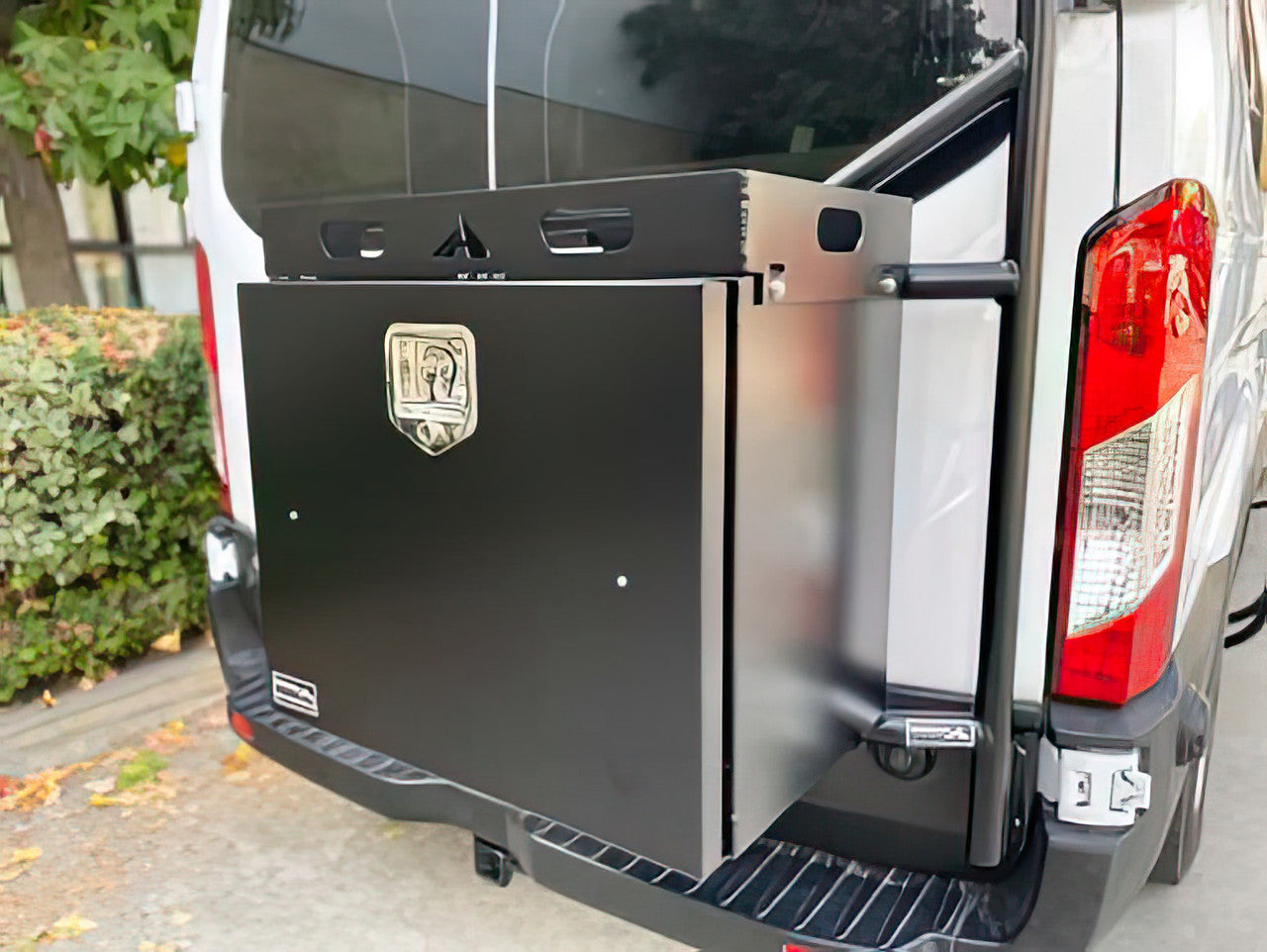 Passenger Side Rear Door Box Rack - Ford 2015-23 Transit; 2015-23 Storyteller (Configuration: With Medium Or High Roof)