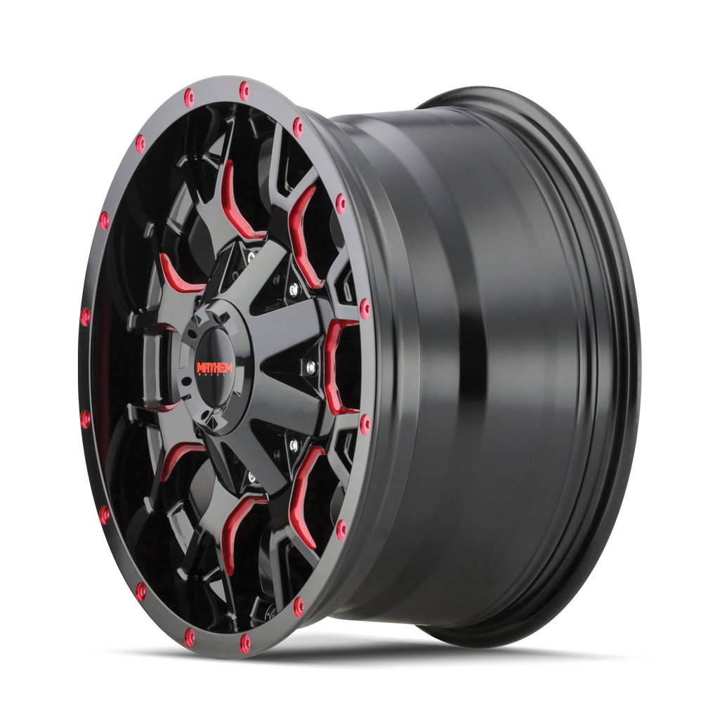 MAYHEM WARRIOR 8015 GLOSS BLACK MILLED PRISM RED 17X9 5-127/5-139.7 18MM 87MM