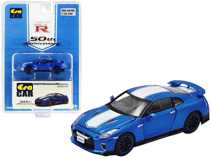 Nissan GT-R RHD (Right Hand Drive) Bayside Blue with White Stripe "50th Anniversary Edition" Limited Edition to 1200 pieces 1/64 Diecast Model Car by Era Car free shipping USA