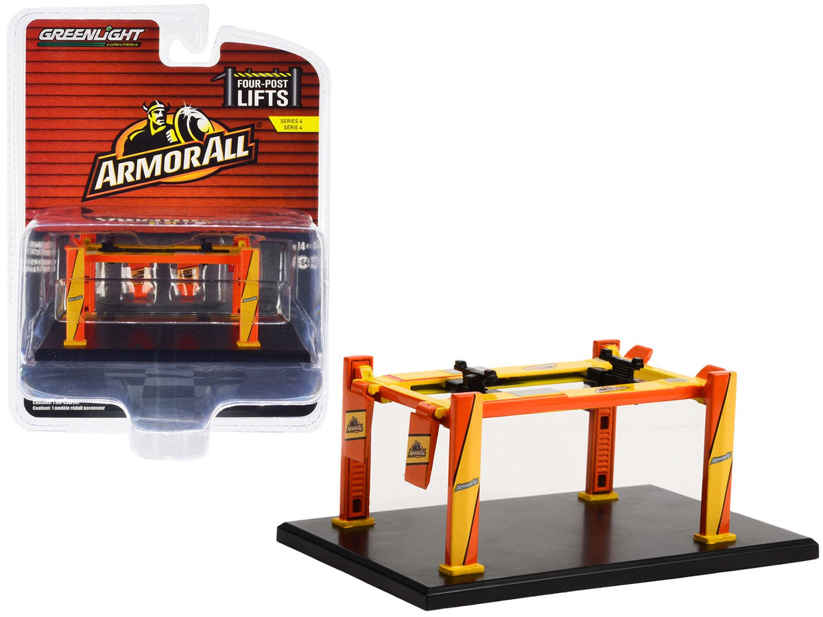 Adjustable Four-Post Lift "ArmorAll" Orange and Yellow "Four-Post Lifts" Series 4 1/64 Diecast Model by Greenlight free shipping USA