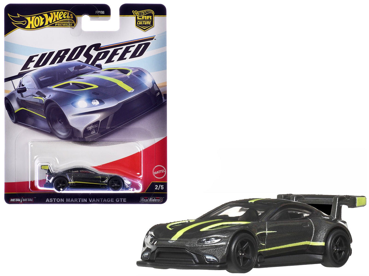 Aston Martin Vantage GTE Dark Gray Metallic with Lime Green Stripes "Euro Speed" Series Diecast Model Car by Hot Wheels free shipping USA