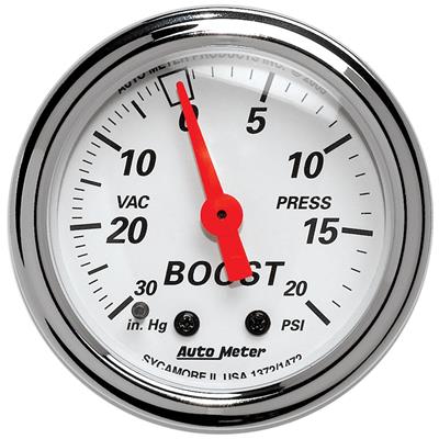 AutoMeter Gauge, Arctic White, Boost/Vacuum, 30 in. Hg/15 psi, 2 1/16 in., Analog, Mechanical, Each - 1372