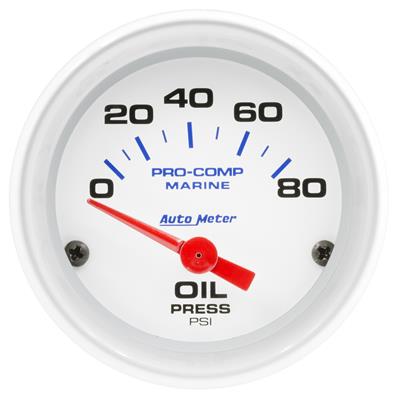 Auto Meter Marine Gauge, Pro-Comp Marine, Oil Pressure, 2 1/16 in., 0-80 psi, Short Sweep, White - 200744