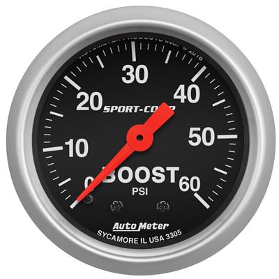 AutoMeter Gauge, Boost Pressure, 0-60 psi, 2 1/16 in., Analog, Mechanical, Black Face, Each - 3305