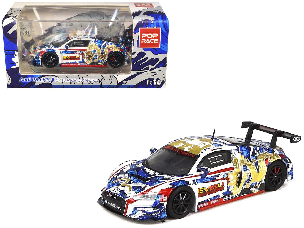 Audi R8 LMS "Evisu Racing X Works" White with Graphics 1/64 Diecast Model Car by Pop Race free shipping USA