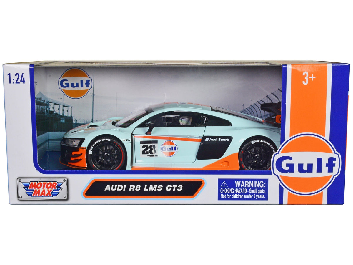 Audi R8 LMS GT3 #28 Light Blue with Orange Stripes "Gulf Oil" "Gulf Die-Cast Collection" 1/24 Diecast Model Car by Motormax free shipping USA