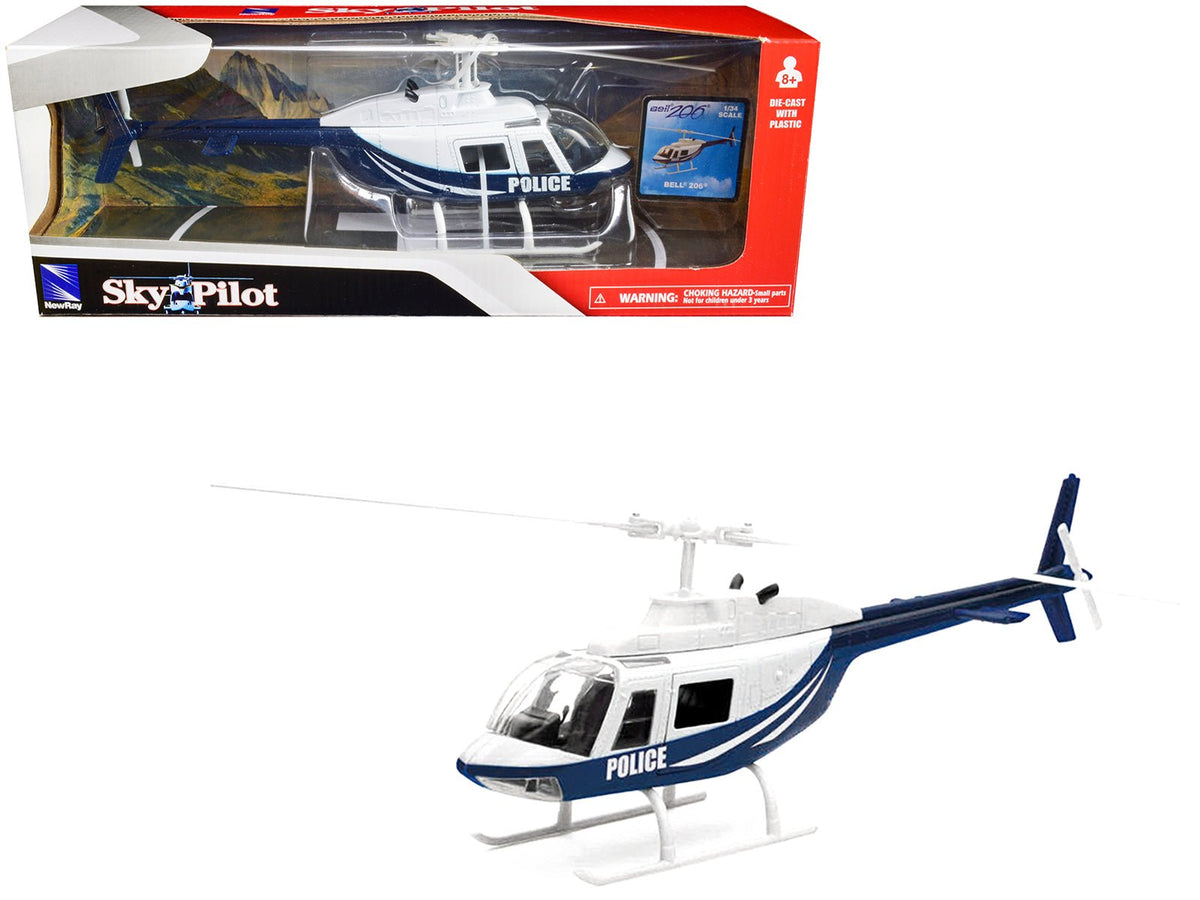Bell 206 Helicopter Dark Blue and White "Police" "Sky Pilot" Series 1/34 Diecast Model by New Ray free shipping USA