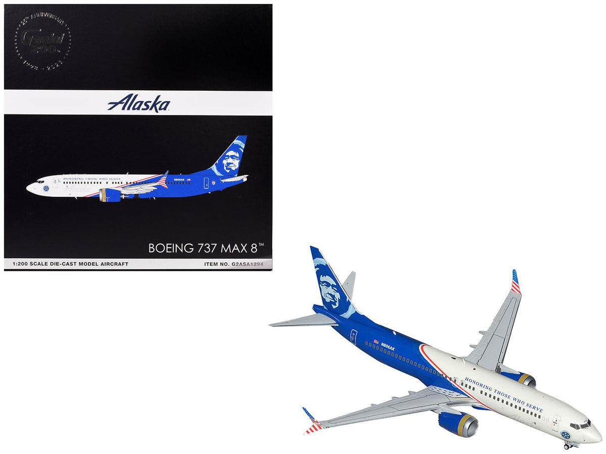 Boeing 737 MAX 8 Commercial Aircraft "Alaska Airlines - Honoring Those Who Serve" (N806AK) White and Blue "Gemini 200" Series 1/200 Diecast Model Airplane by GeminiJets free shipping USA