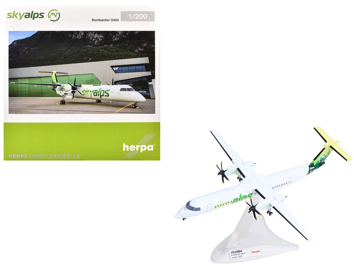 Bombardier Q400 Commercial Aircraft "Sky Alps" (9H-PAUL) White with Green Tail Graphics 1/200 Diecast Model by Herpa free shipping USA