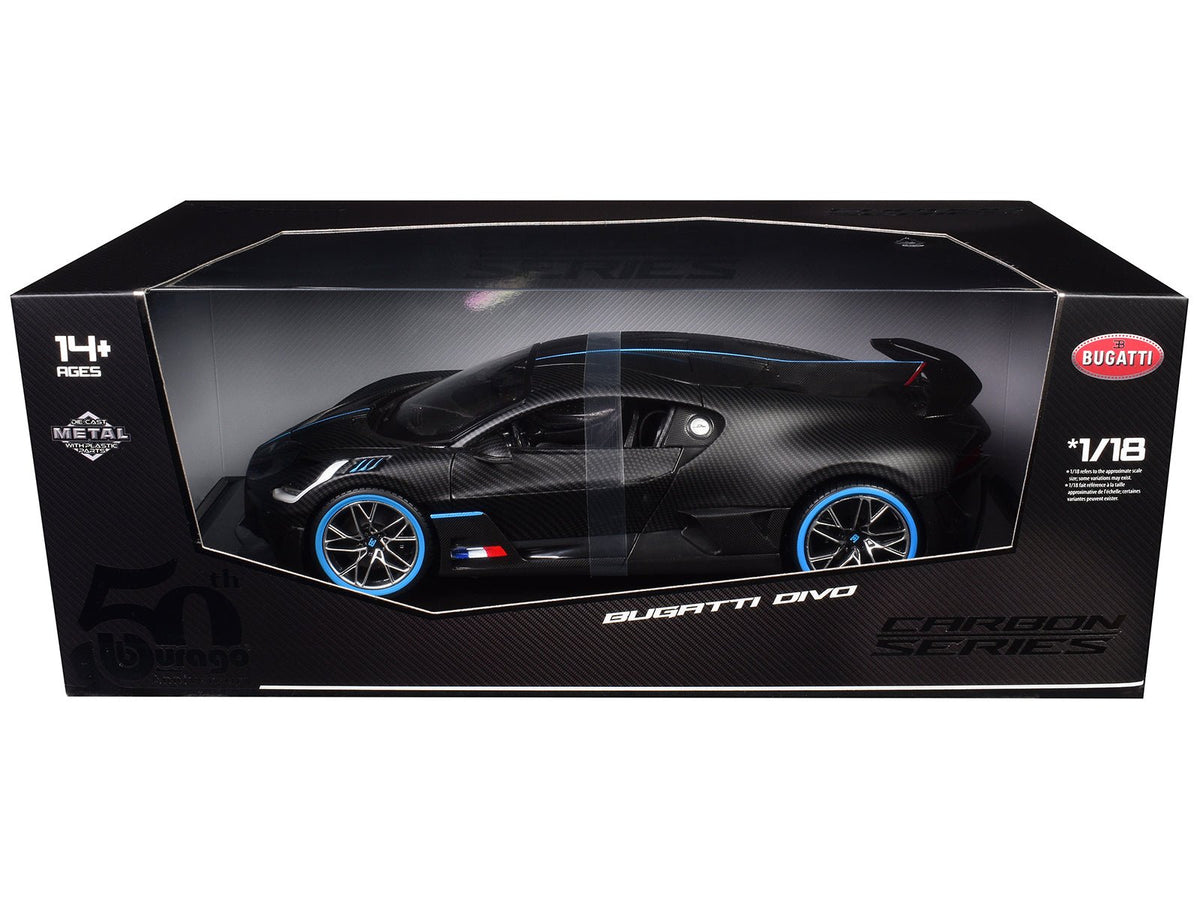 Bugatti Divo Carbon Fiber with Blue Accents "Carbon Series - Bburago 50th Anniversary" 1/18 Diecast Model Car by Bburago free shipping USA
