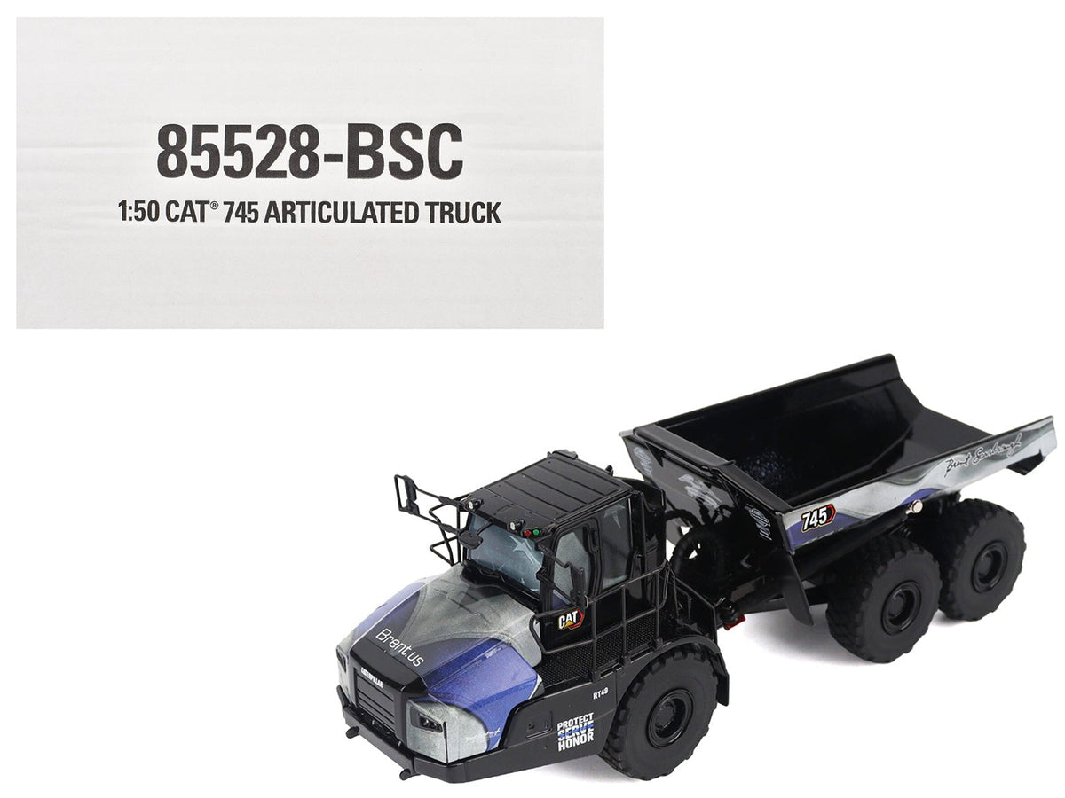 CAT Caterpillar 745 Articulated Dump Truck "Brent Scarbrough & Co. - Back the Blue" Black with Graphics "High Line" Series 1/50 Diecast Model by Diecast Masters free shipping USA