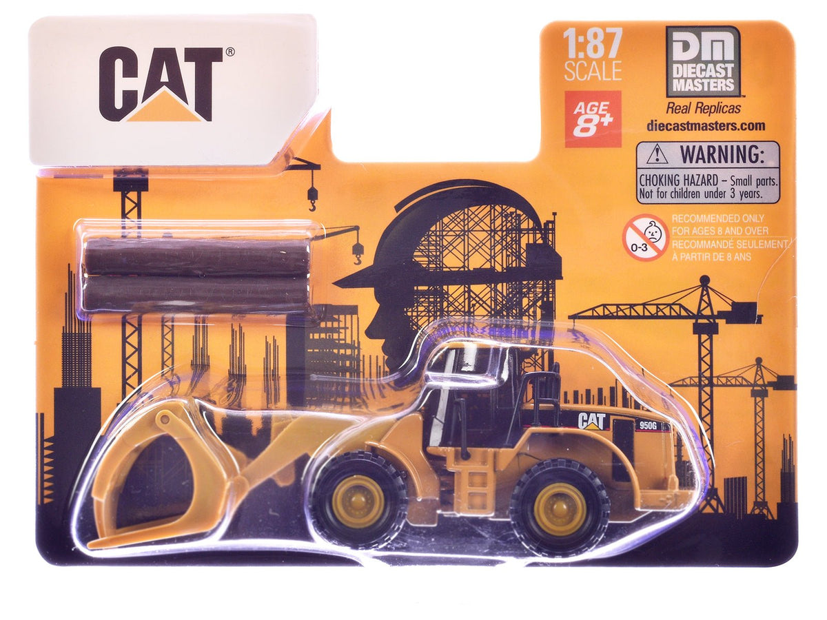 CAT Caterpillar 950G Wheel Loader Yellow with Log Fork and Wood Log Accessories 1/87 (HO) Diecast Model by Diecast Masters free shipping USA