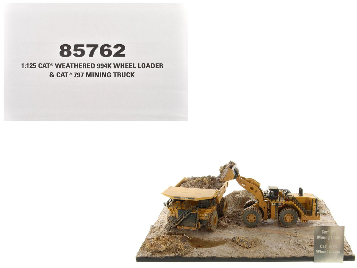 CAT Caterpillar 994K Wheel Loader and 797 Mining Truck Yellow (Weathered) Set of 2 Pieces "Weathered Series" 1/125 Diecast Model by Diecast Masters free shipping USA