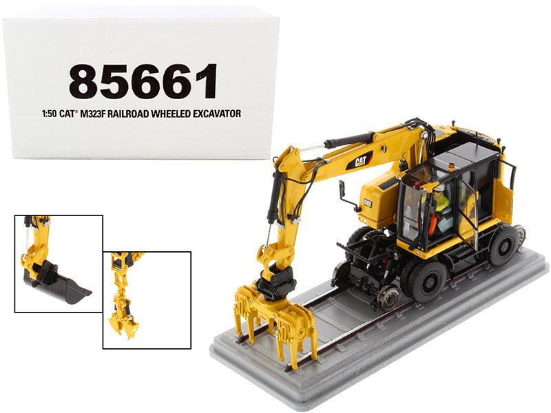 CAT Caterpillar M323F Railroad Wheeled Excavator with Operator and 3 Work Tools Safety Yellow Version "High Line Series" 1/50 Diecast Model by Diecast Masters free shipping USA