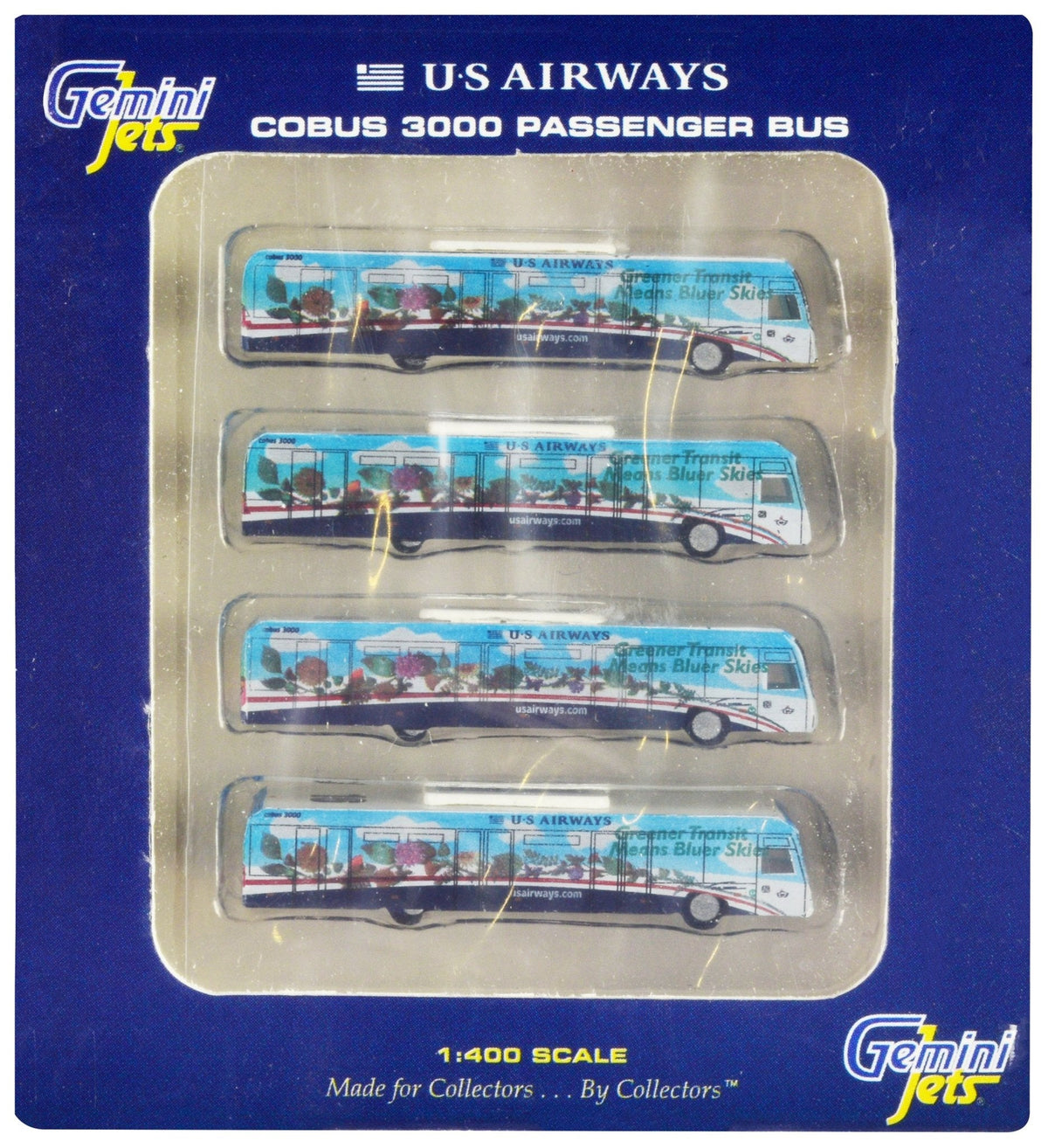 Cobus 3000 Passenger Bus White and Blue with Graphics "US Airways Shuttle Bus - Greener Transit" 4 Piece Set 1/400 Diecast Models by GeminiJets free shipping USA
