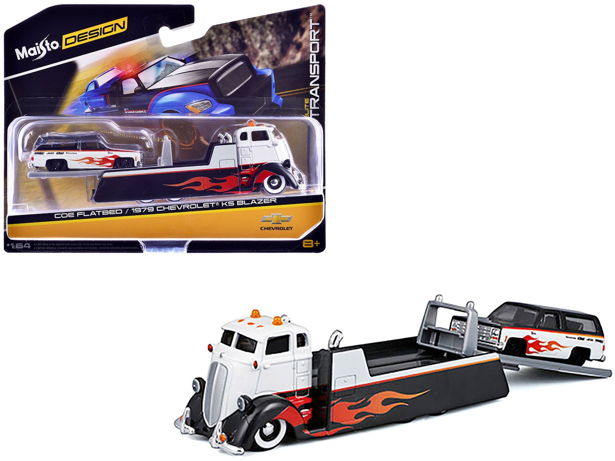 COE Flatbed Truck White and Black with Flame Graphics and 1979 Chevrolet K5 Blazer Black and White with Flame Graphics "Elite Transport" Series 1/64 Diecast Models by Maisto free shipping USA
