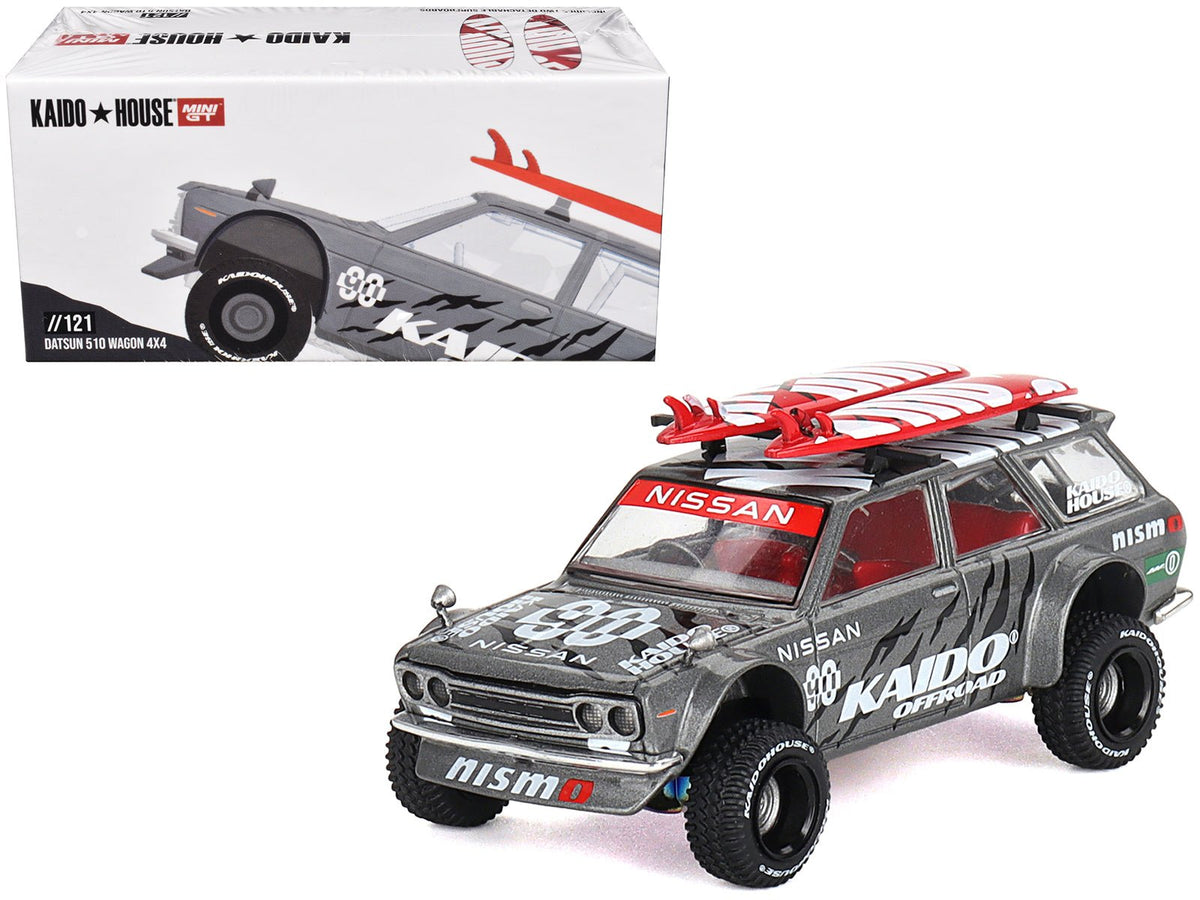 Datsun Kaido 510 Wagon 4x4 RHD (Right Hand Drive) "Kaido Offroad V1" Gray Metallic with Red Interior and Surfboards on Roof (Designed by Jun Imai) "Kaido House" Special 1/64 Diecast Model Car by Mini GT free shipping USA