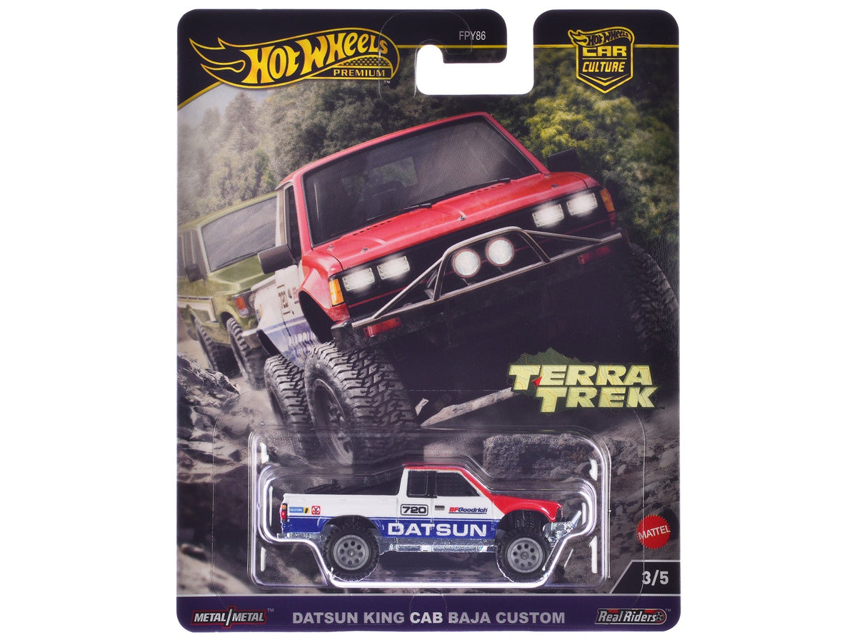 Datsun King Cab Baja Custom Pickup Truck #720 White and Blue with Red Hood "Terra Trek" Series Diecast Model Car by Hot Wheels free shipping USA