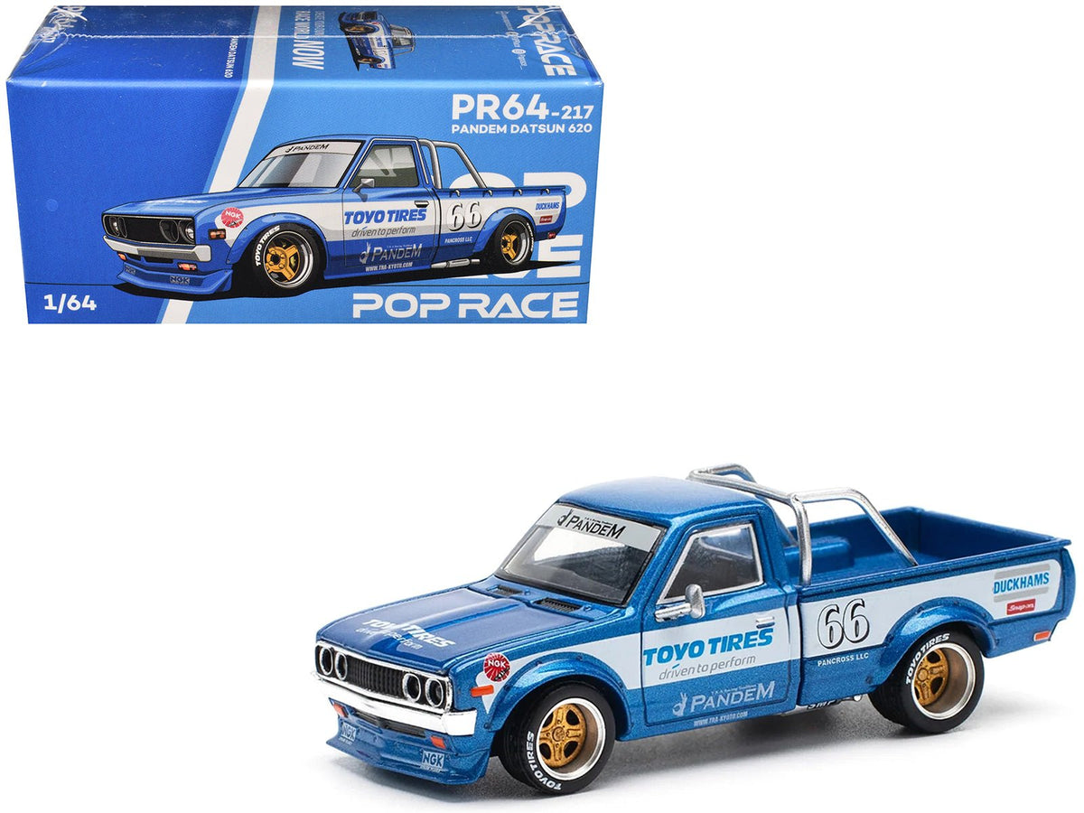 Datsun Pandem 620 Pickup Truck #66 Blue Metallic with White Stripes and Graphics 1/64 Diecast Model Car by Pop Race free shipping USA