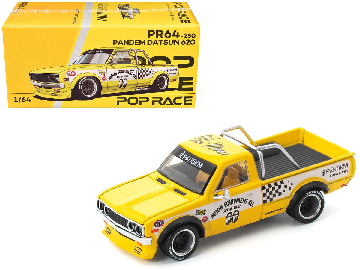 Datsun Pandem 620 Pickup Truck "MoonEyes" Yellow with White Sides and Graphics 1/64 Diecast Model Car by Pop Race free shipping USA