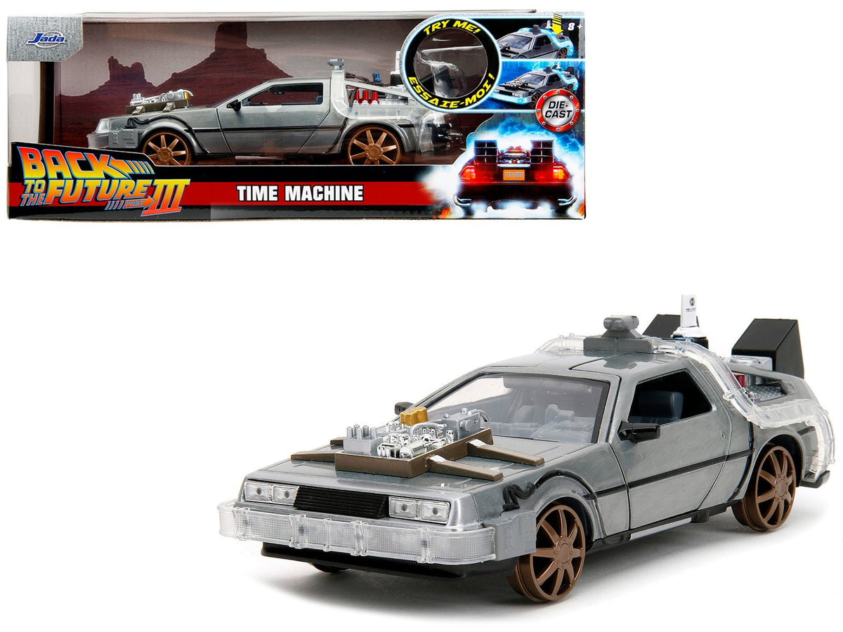 DeLorean Brushed Metal Time Machine (Train Wheel Version) with Lights "Back to the Future Part III" (1990) Movie "Hollywood Rides" Series 1/24 Diecast Model Car by Jada free shipping USA