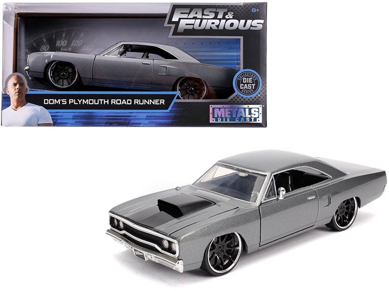 Dom's Plymouth Road Runner Gray Metallic with Black Hood Stripe "Fast & Furious" Movie 1/24 Diecast Model Car by Jada free shipping USA