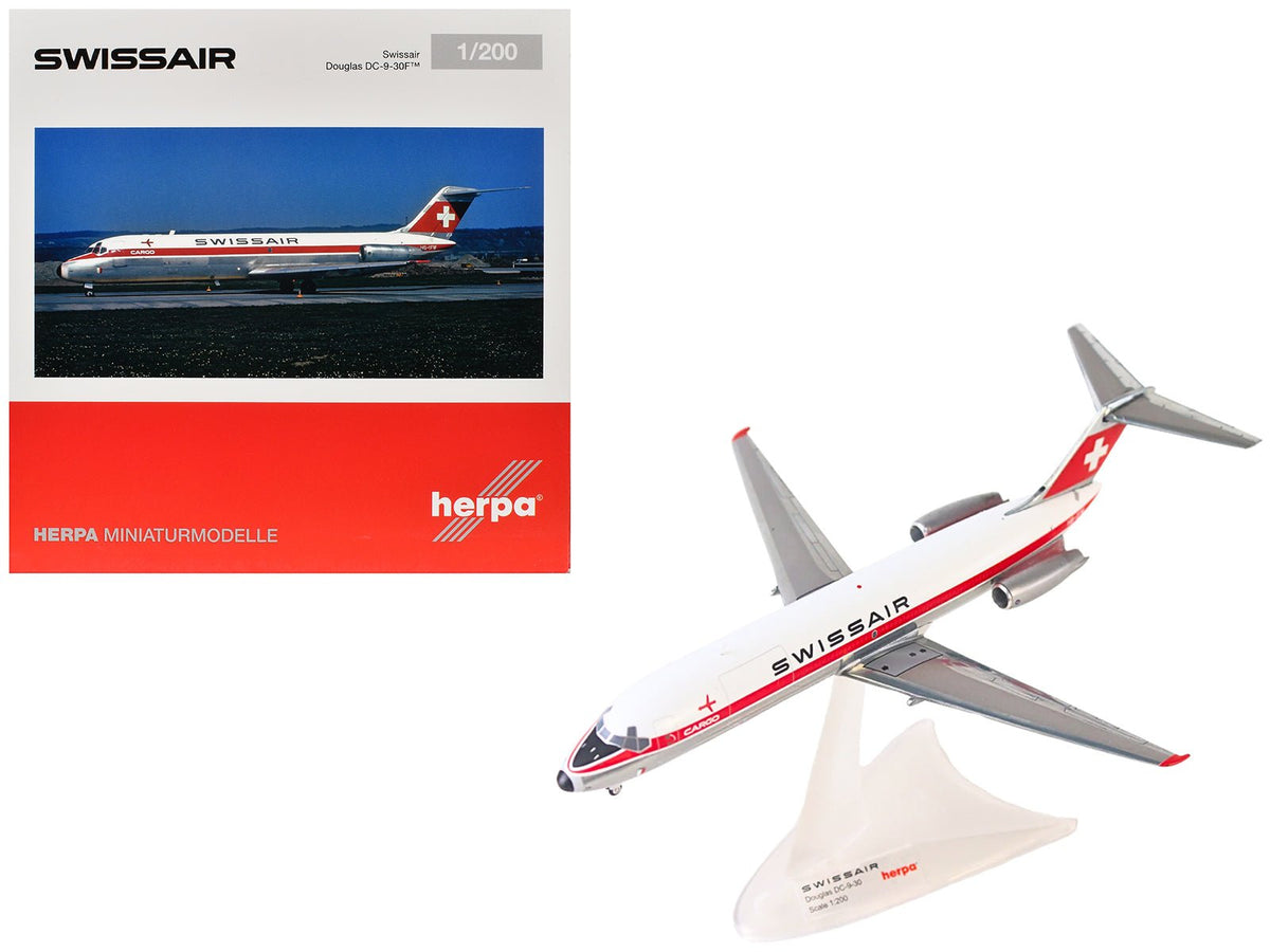Douglas DC-9-30F Commercial Aircraft "Swissair" (HB-IFW) White with Red Stripes 1/200 Diecast Model Airplane by Herpa free shipping USA