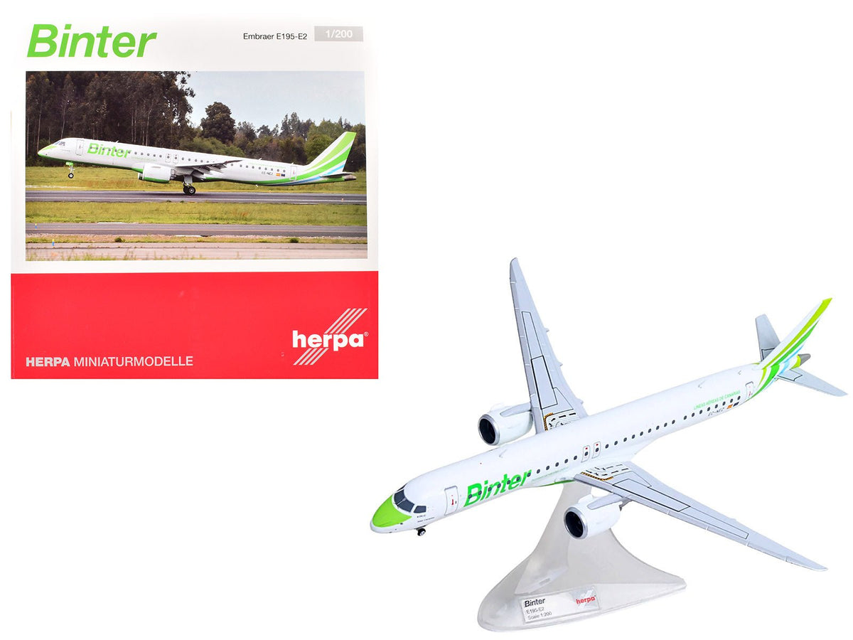 Embraer E195-E2 Commercial Aircraft "Binter Canarias" (EC-NEZ) White with Green Striped Tail 1/200 Diecast Model by Herpa free shipping USA