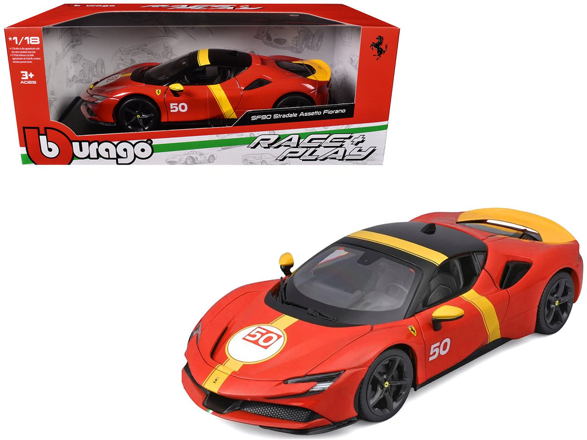 Ferrari SF90 Stradale Assetto Fiorano #50 Red with Black Top and Yellow Stripes "Race + Play" Series 1/18 Diecast Model Car by Bburago free shipping USA