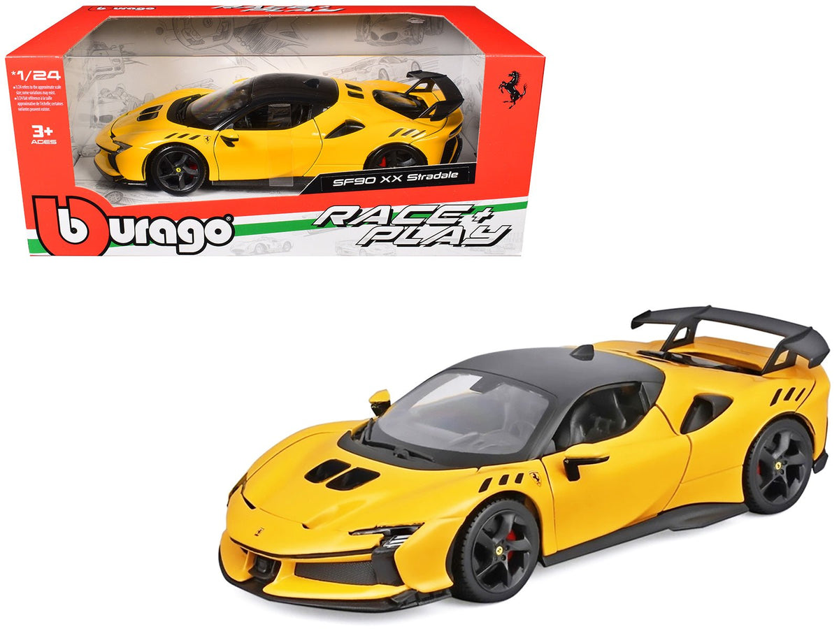 Ferrari SF90 XX Stradale Yellow with Black Top "Race and Play" Series 1/24 Diecast Model Car by Bburago free shipping USA