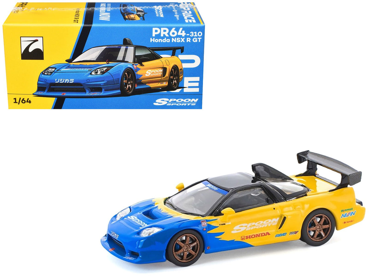 Honda NSX-R GT RHD (Right Hand Drive) "Spoon Sports" Blue and Yellow with Black Top 1/64 Diecast Model Car by Pop Race free shipping USA