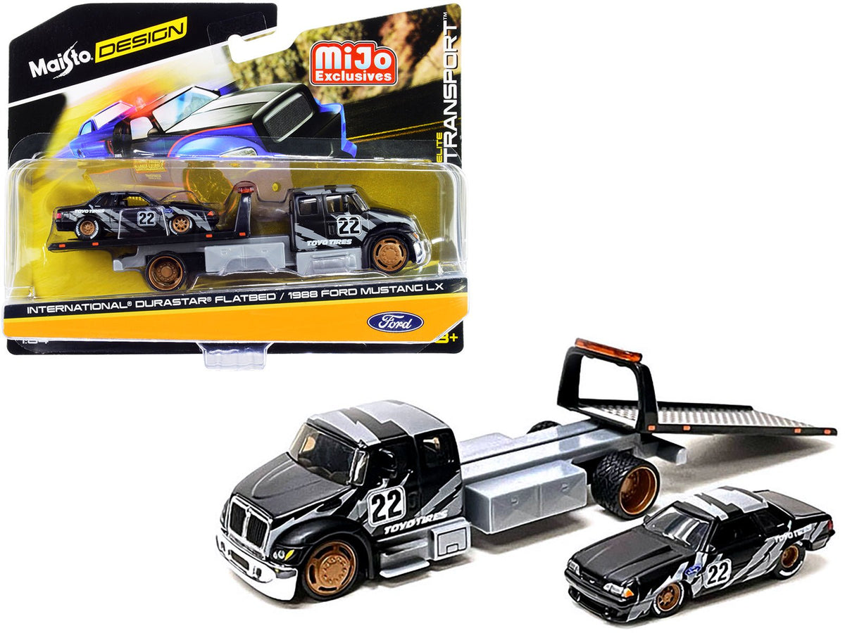 International DuraStar Flatbed Truck #22 and 1988 Ford Mustang LX #22 Matt Black with Gray Graphics "Toyo Tires" "Elite Transport" Series 1/64 Diecast Models by Maisto free shipping USA