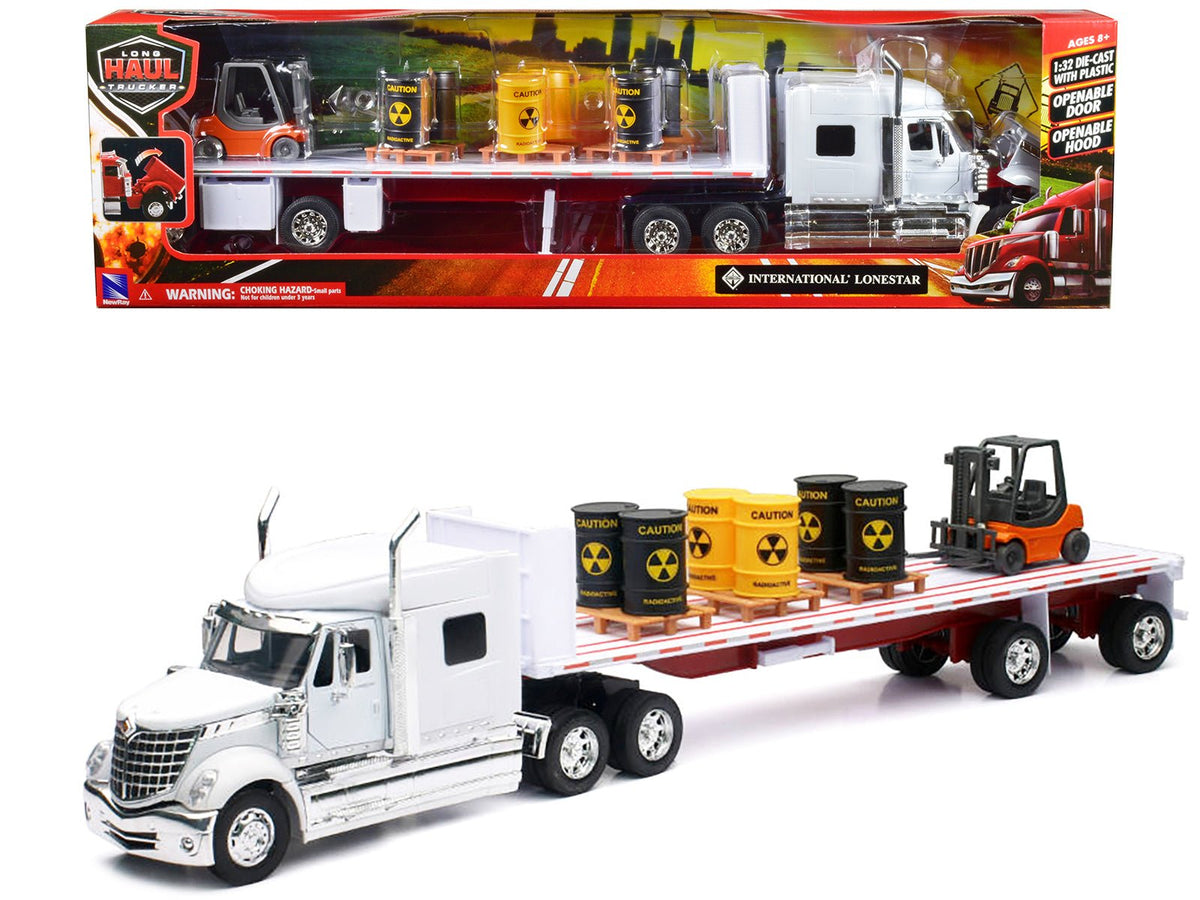 International Lonestar Flatbed Truck White with 6 Toxic Barrels 3 Pallets and Forklift "Long Haul Trucker" Series 1/32 Diecast Model by New Ray free shipping USA