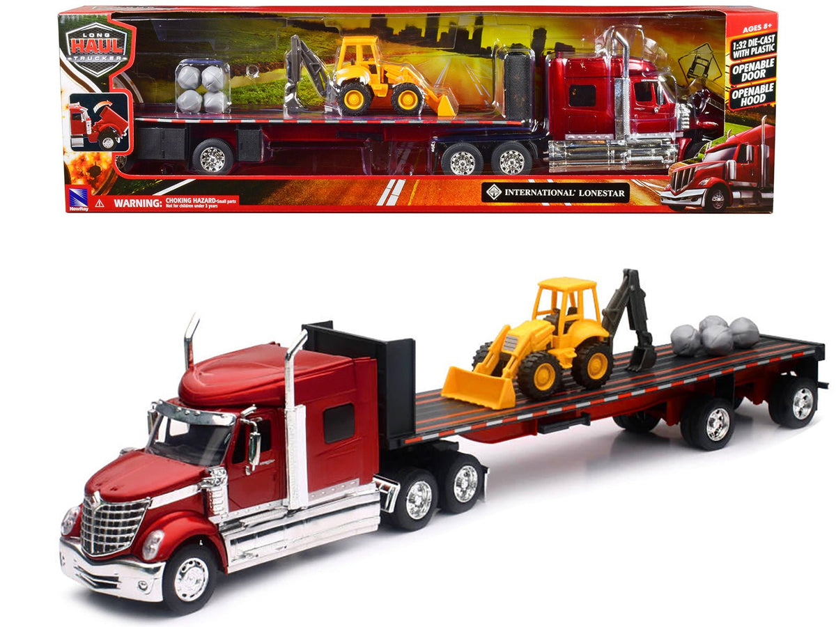 International Lonestar Truck with Flatbed Trailer Red Metallic with Front Loader and Rocks "Long Haul Truckers" Series 1/32 Diecast Model by New Ray free shipping USA
