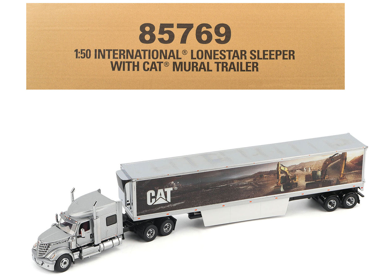 International Lonestar Truck with Sleeper Silver Metallic with "CAT Caterpillar" Mural Trailer "Transport Series" 1/50 Diecast Model by Diecast Masters free shipping USA