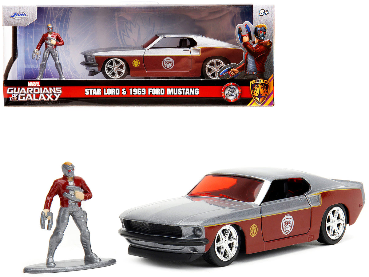 1969 Ford Mustang Silver Metallic and Dark Red and Star Lord Diecast Figure "Marvel Guardians of the Galaxy" "Hollywood Rides" Series 1/32 Diecast Model Car by Jada free shipping USA