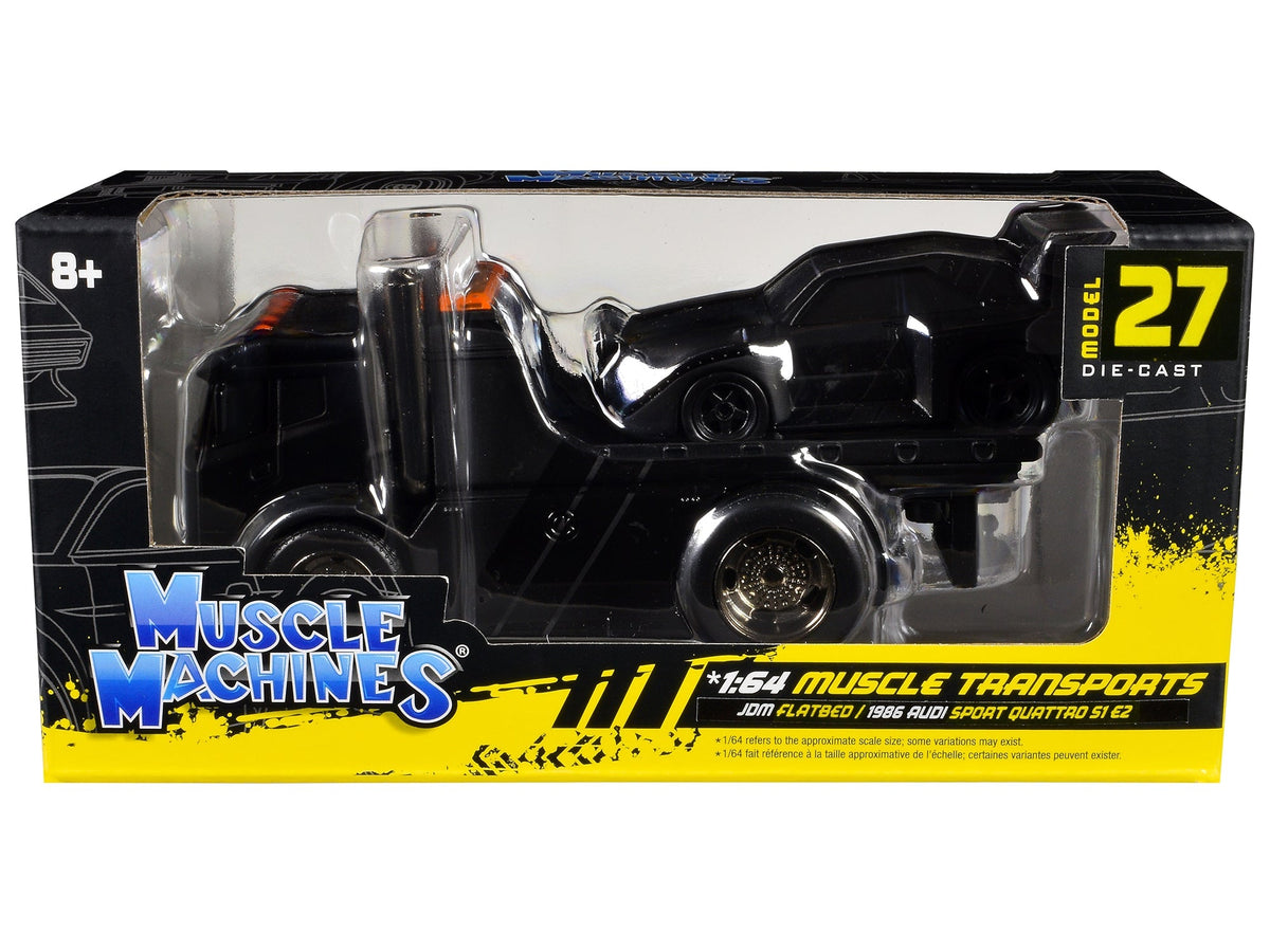 JDM Flatbed Truck Matt Black and 1986 Audi Sport Quattro S1 E2 Matt Black "Muscle Transports" Series 1/64 Diecast Models by Muscle Machines free shipping USA