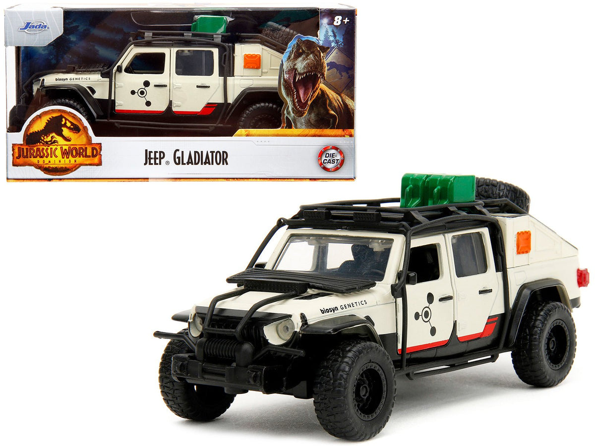 Jeep Gladiator Pickup Truck with Equipment Shell Beige with Graphics "Biosyn Genetics" "Jurassic World Dominion" (2022) Movie "Hollywood Rides" Series 1/32 Diecast Model Car by Jada free shipping USA