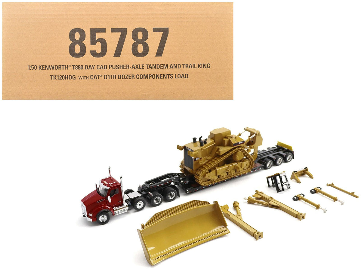 Kenworth T880 Day Cab Red and Trail King TK120 Lowboy Trailer with CAT Caterpillar D11R Dozer and Components Load "Transport Series" 1/50 Diecast Model by Diecast Masters free shipping USA