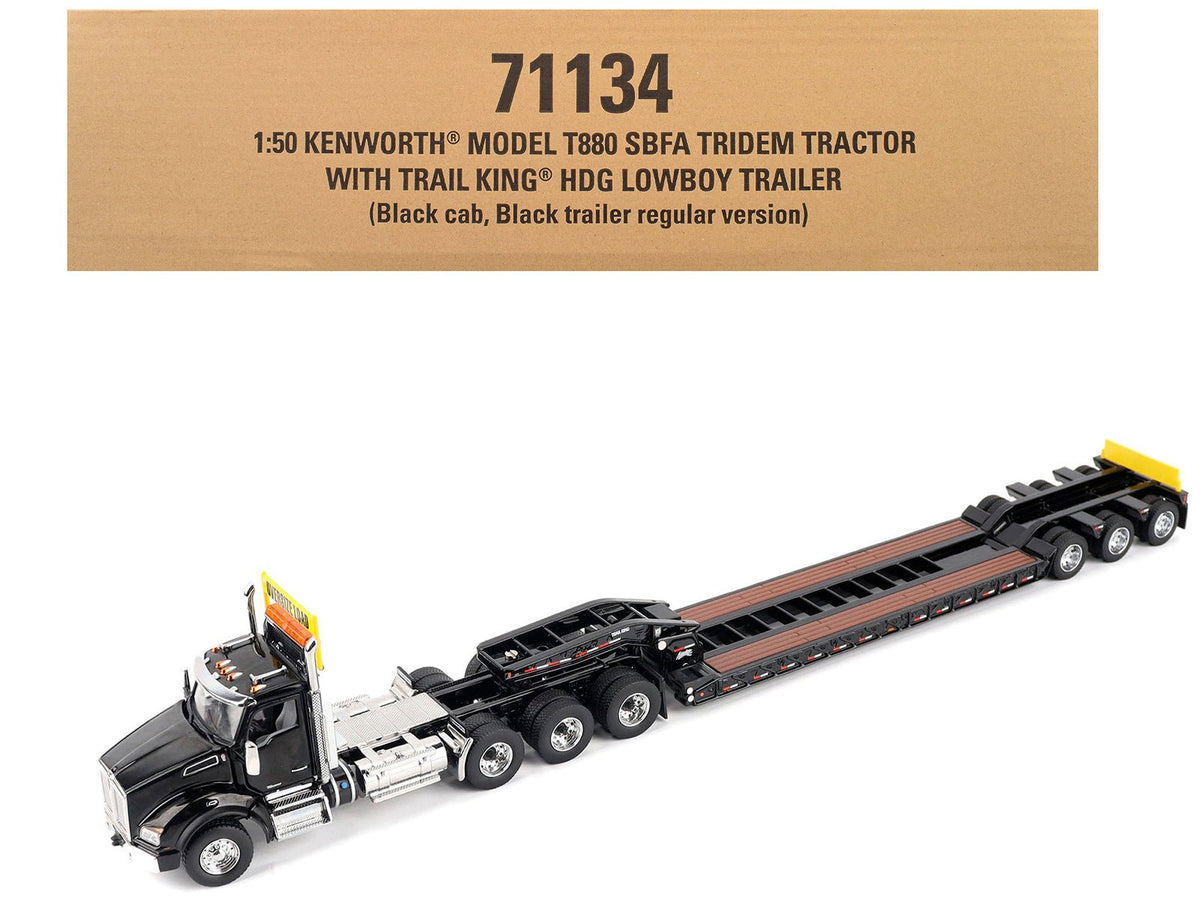 Kenworth T880 SBFA Tridem Truck with Trail King HDG Lowboy Trailer Black "Transport Series" 1/50 Diecast Model by Diecast Masters free shipping USA