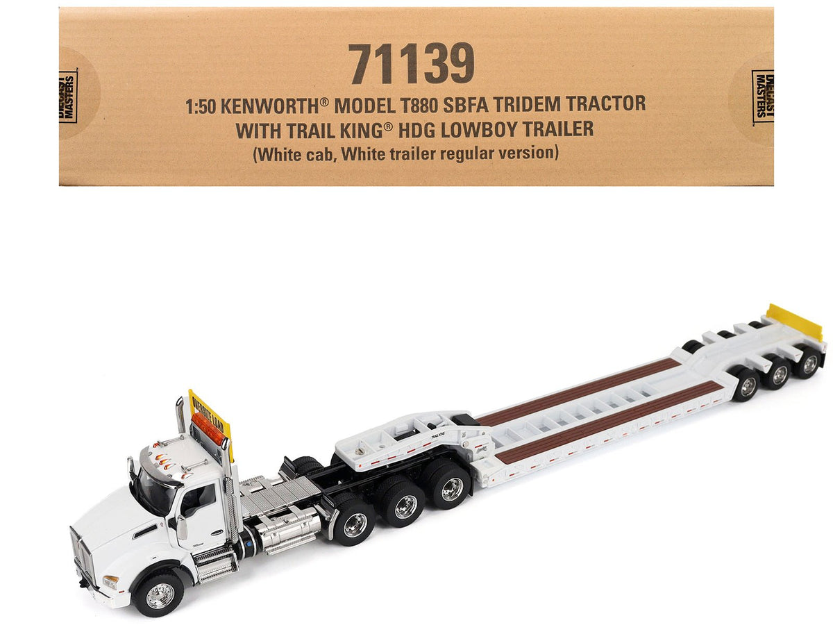 Kenworth T880 SBFA Tridem Truck with Trail King HDG Lowboy Trailer White "Transport Series" 1/50 Diecast Model by Diecast Masters free shipping USA