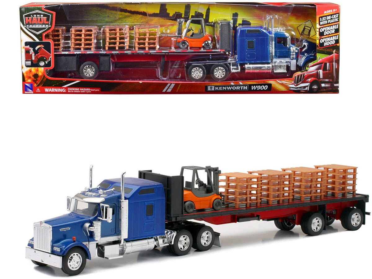 Kenworth W900 Truck with Flatbed Trailer Blue with Forklift and Pallets "Long Haul Truckers" Series 1/32 Diecast Model by New Ray free shipping USA