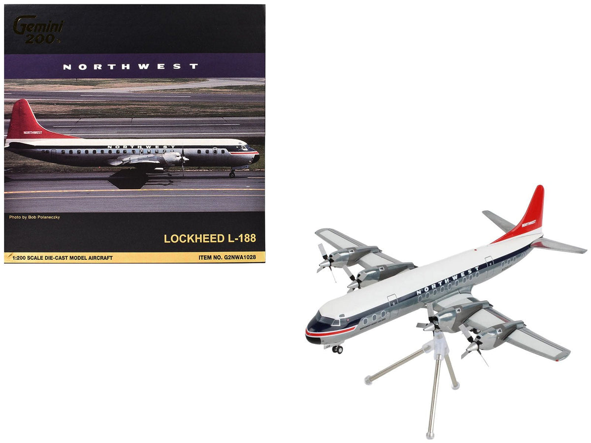 Lockheed L-188 Electra Commercial Aircraft "Northwest Orient" (N128US) White and Gray with Blue Stripes and Red Tail "Gemini 200" Series 1/200 Diecast Model Airplane by GeminiJets free shipping USA