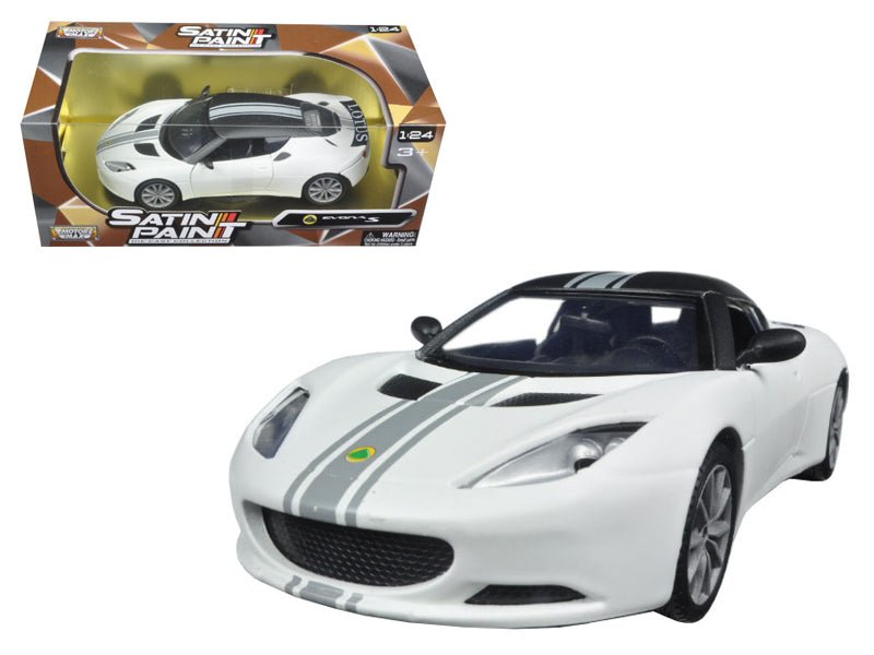 Lotus Evora S Matt White with Black Top and Gray Stripes "Satin Paint" Series 1/24 Diecast Model Car by Motormax free shipping USA