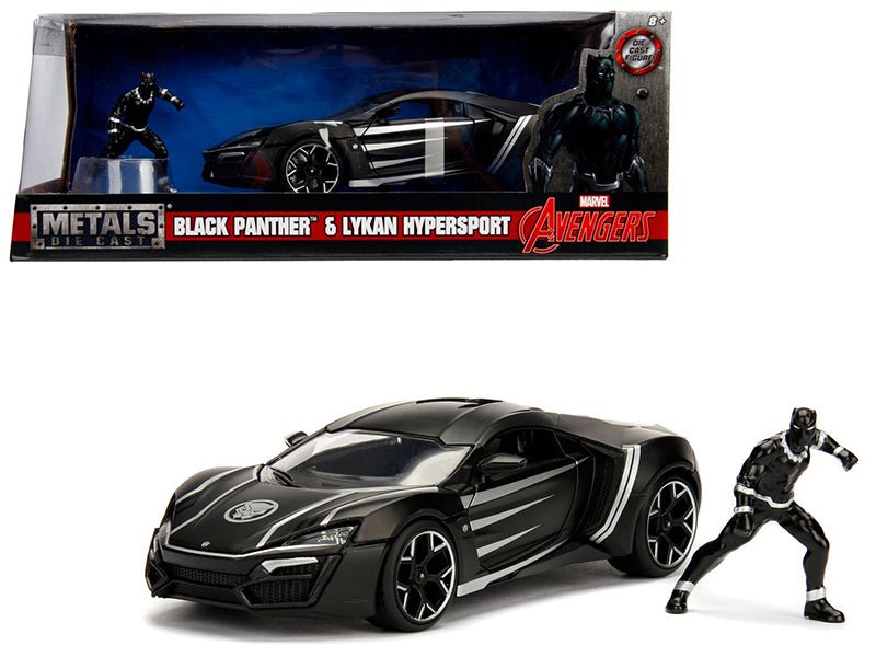 Lykan Hypersport Black with Black Panther Diecast Figurine "Avengers" "Marvel" Series 1/24 Diecast Model Car by Jada free shipping USA
