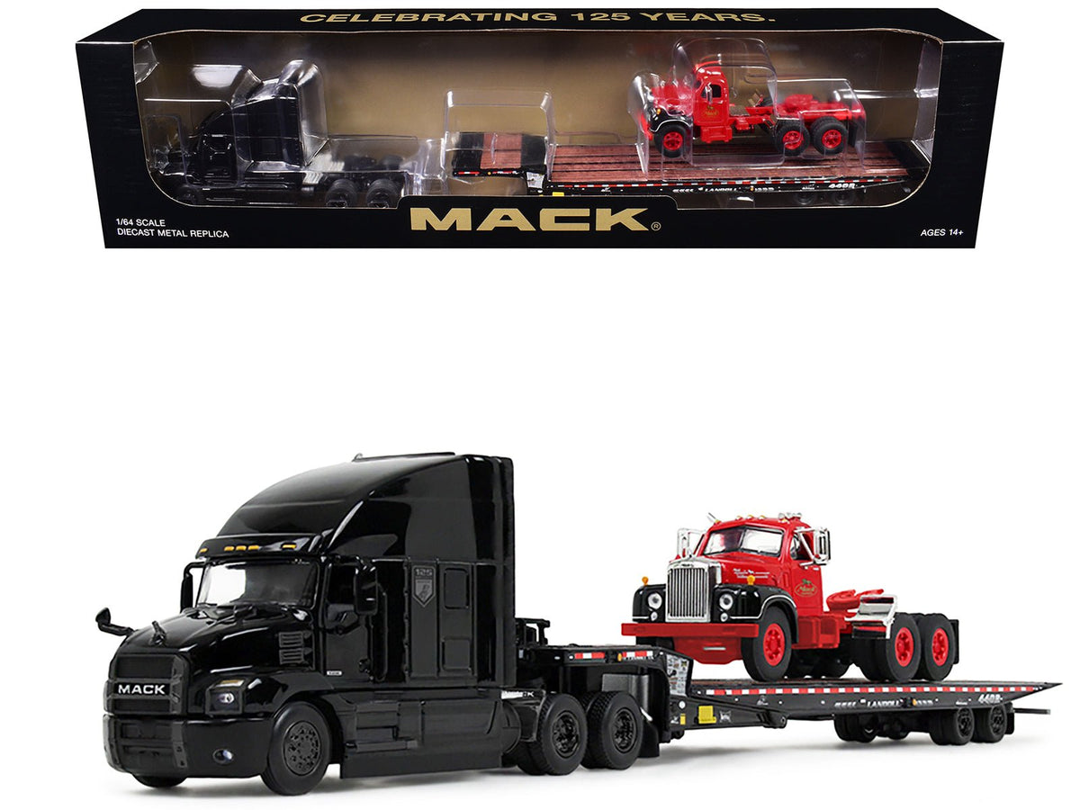 Mack Anthem Sleeper and Landoll 440B-50CA Traveling Axle Trailer Black with Mack B-61 Day Cab Load Red "Mack Anniversary" 1/64 Diecast Model by DCP/First Gear free shipping USA